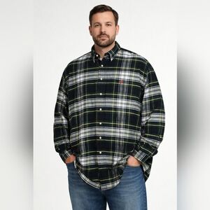 Ralph Lauren Big Shirt Mens XL Green Navy Plaid Cotton Button Down Pony